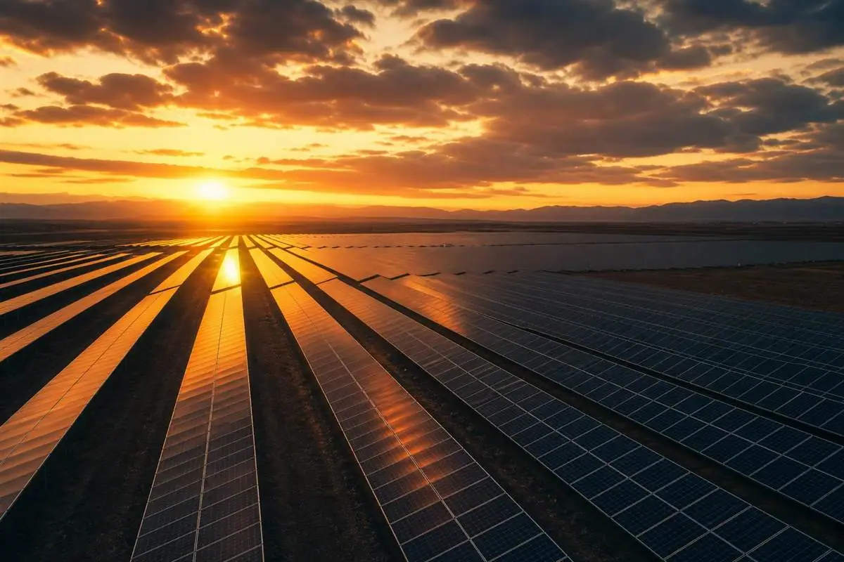 Rows of installed solar panels across an open field under warm daylight